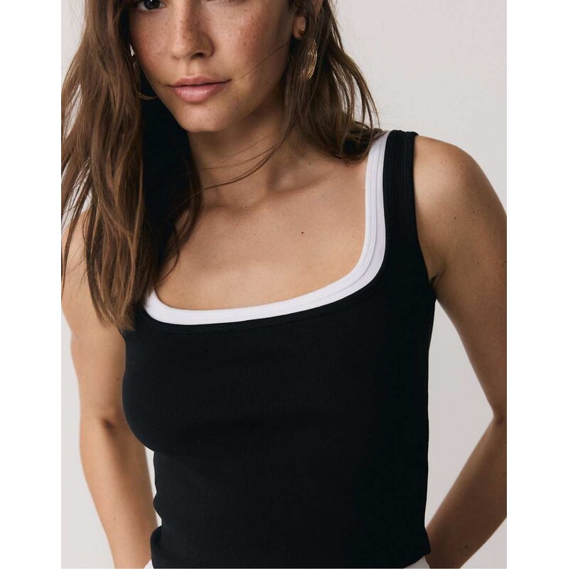 Stradivarius Two-piece effect square neckline top in black