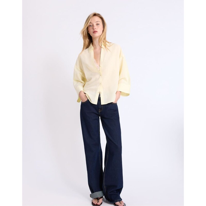 Stradivarius Linen-effect kimono sleeve shirt in yellow 114812006
