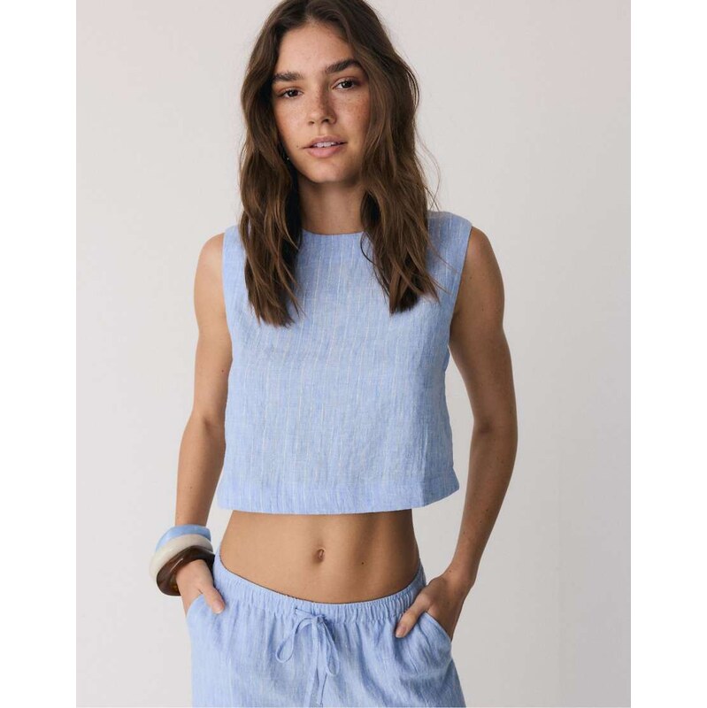 Stradivarius Striped rustic round neck top in blue