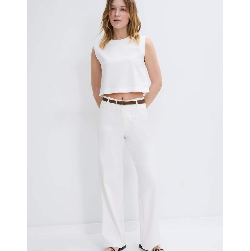 Stradivarius Straight-leg linen mix trousers with belt in ecru