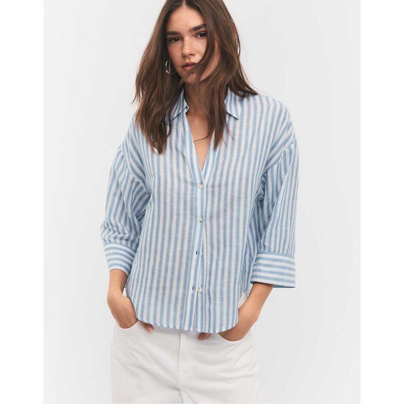 Stradivarius Linen blend kimono sleeve shirt in navy blue 114812010
