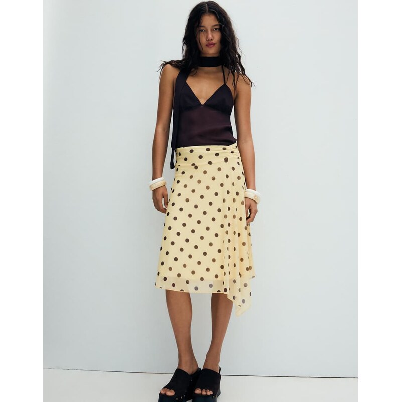 Bershka Asymmetric polka dot midi skirt in yellow 114812030