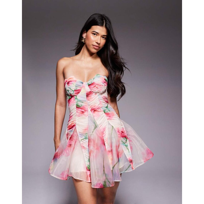 ASOS LUXE scallop cup bandeau mini dress in blurred floral-Multi