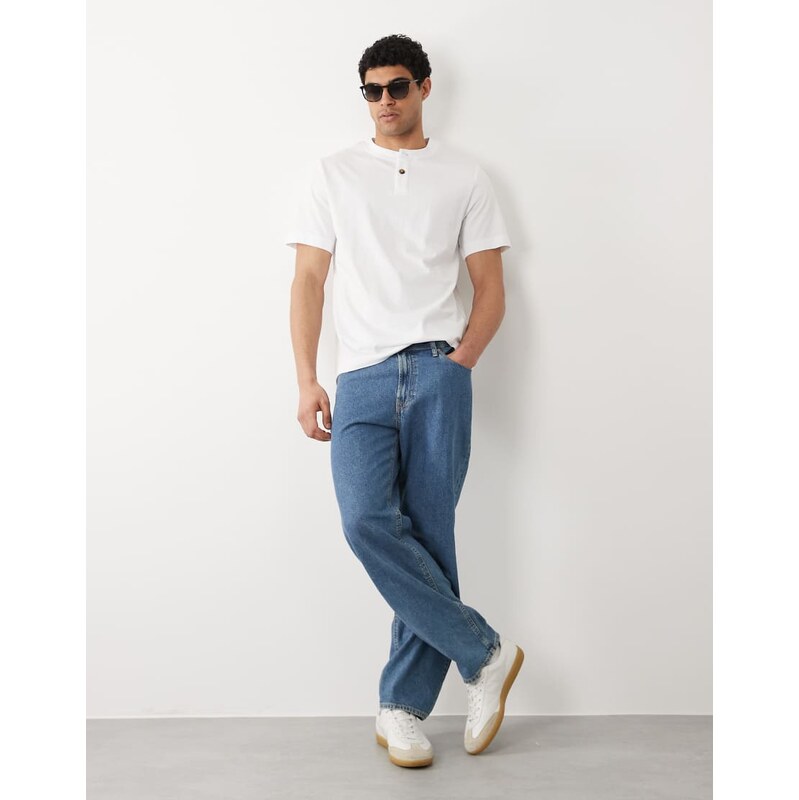 Selected heavyweight short sleeved henley t-shirt in white