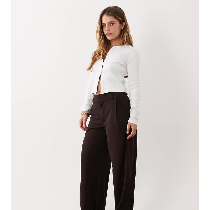 JDY Petite button detail wide leg dad trousers in chocolate brown 115522210