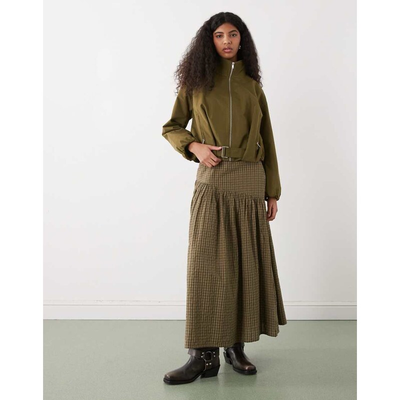 COLLUSION drop waist maxi skirt in green check