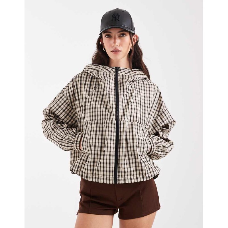 ASOS DESIGN hooded bubble hem bomber jacket in brown check-Neutral 115517991