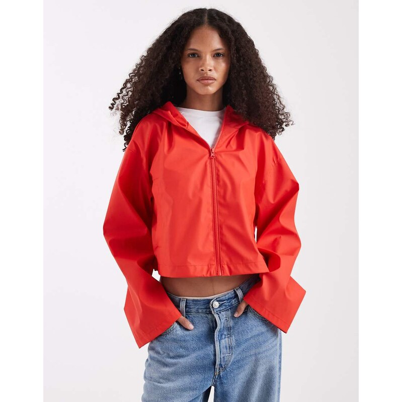 ASOS DESIGN croppped rubberised rain jacket with hood in bright red 115518359