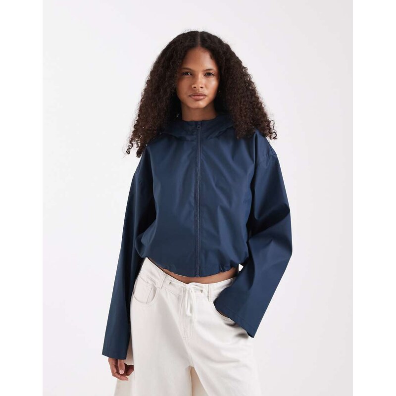 ASOS DESIGN croppped rubberised rain jacket with hood in navy-Red 115518360
