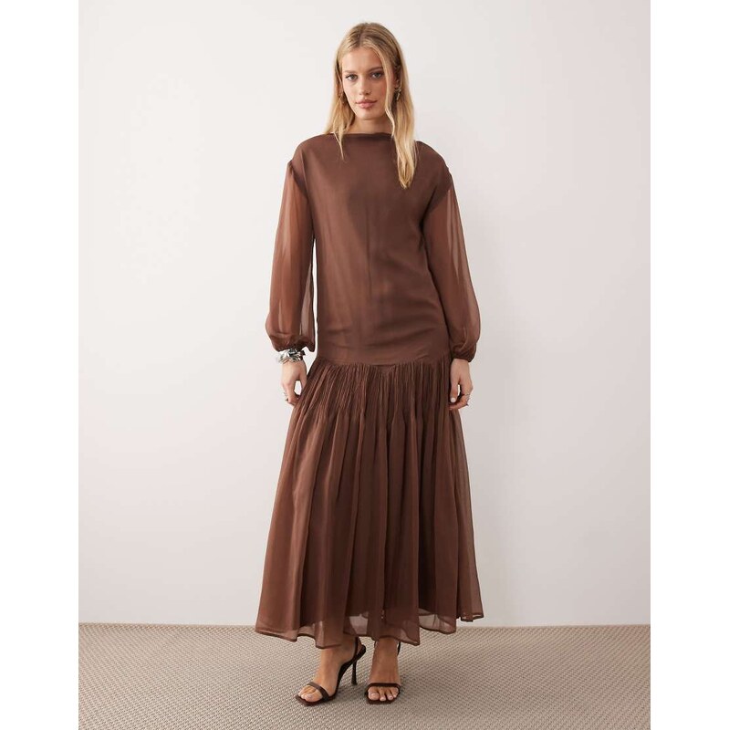 ASOS DESIGN slash neck chiffon godet maxi dress in chocolate-No