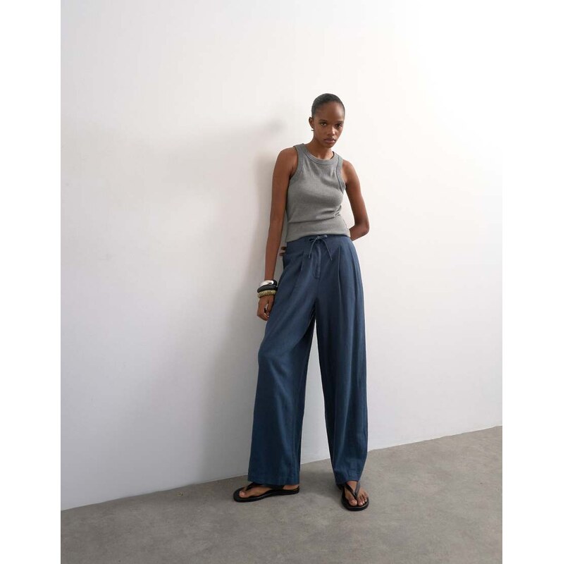Topshop linen balloon trouser with tie waist in slate-Blue 115518988