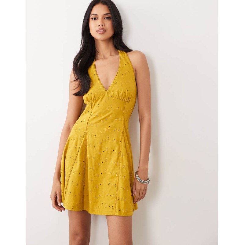 ASOS DESIGN broderie halter mini dress in olive green