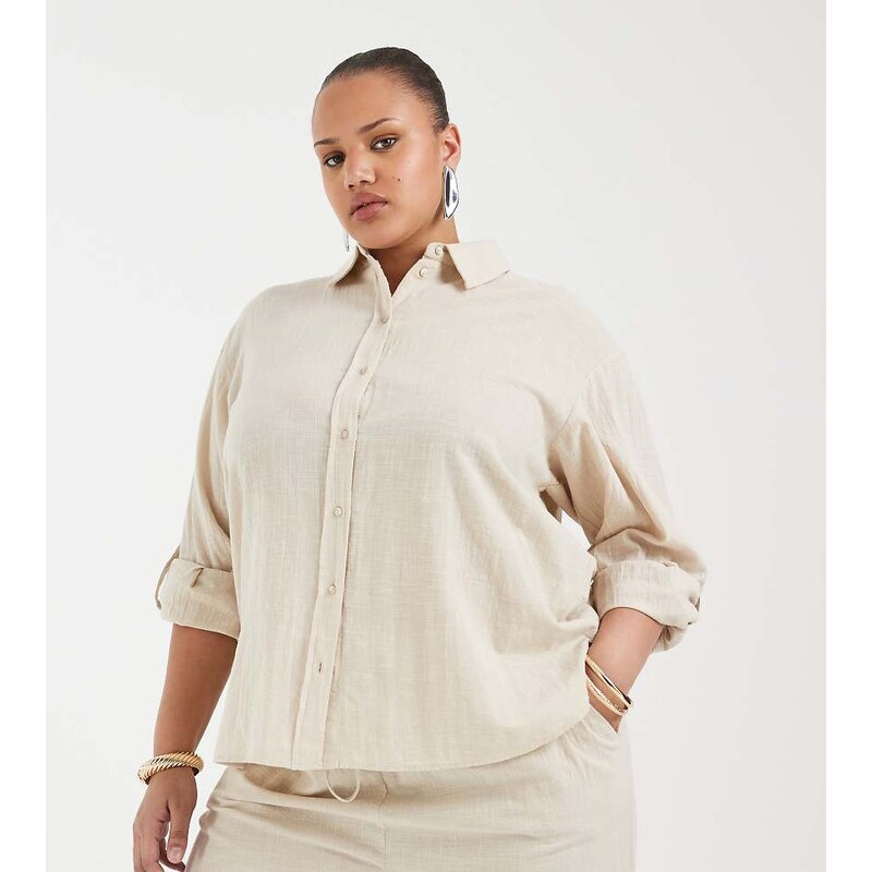 ONLY Curve 100% cotton long sleeve shirt co-ord in light beige