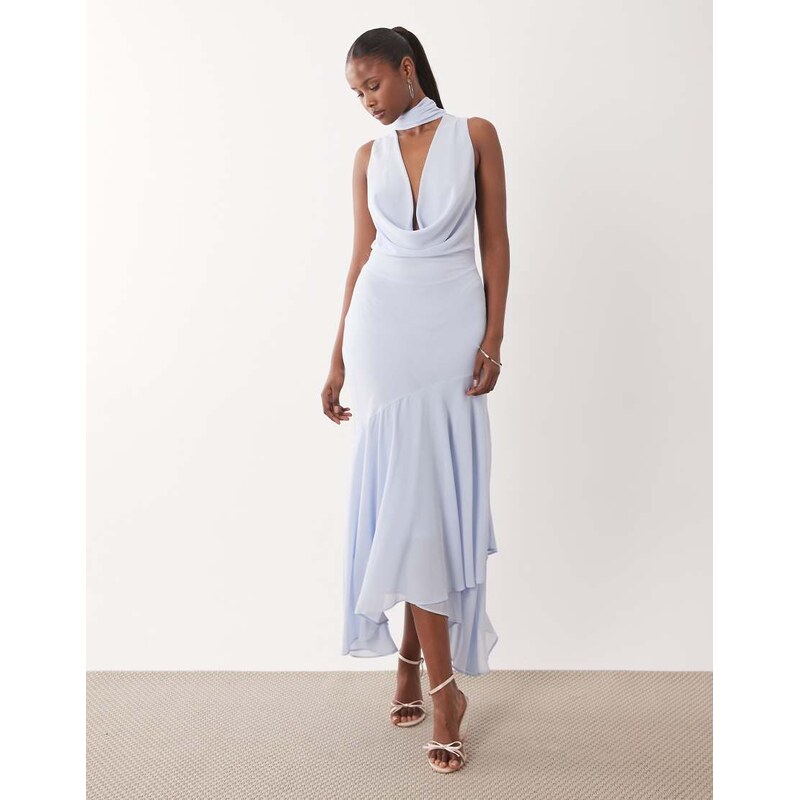 TFNC Bridesmaids cowl neck chiffon midi dress with neck tie in icy 114814457