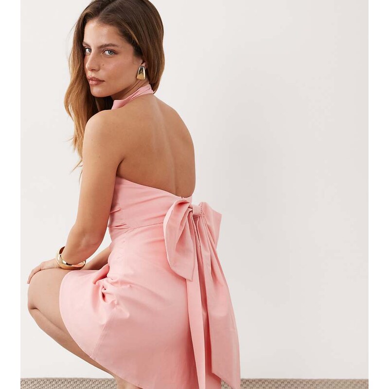 TFNC Petite halter neck bow back mini dress in pink 114814461