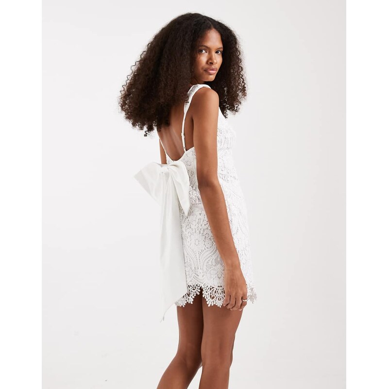 TFNC Bridal boat neck bow back lace mini dress in ivory-White 114814458