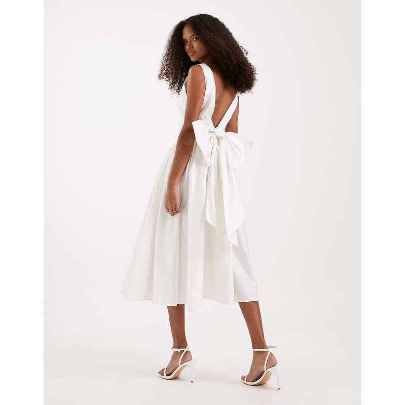TFNC Bridal boat neck bow back cotton midi dress in ivory-White