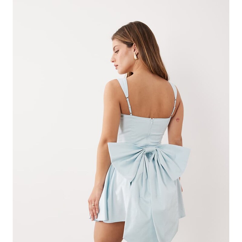 TFNC Petite corset pleated mini dress with bow back in blue