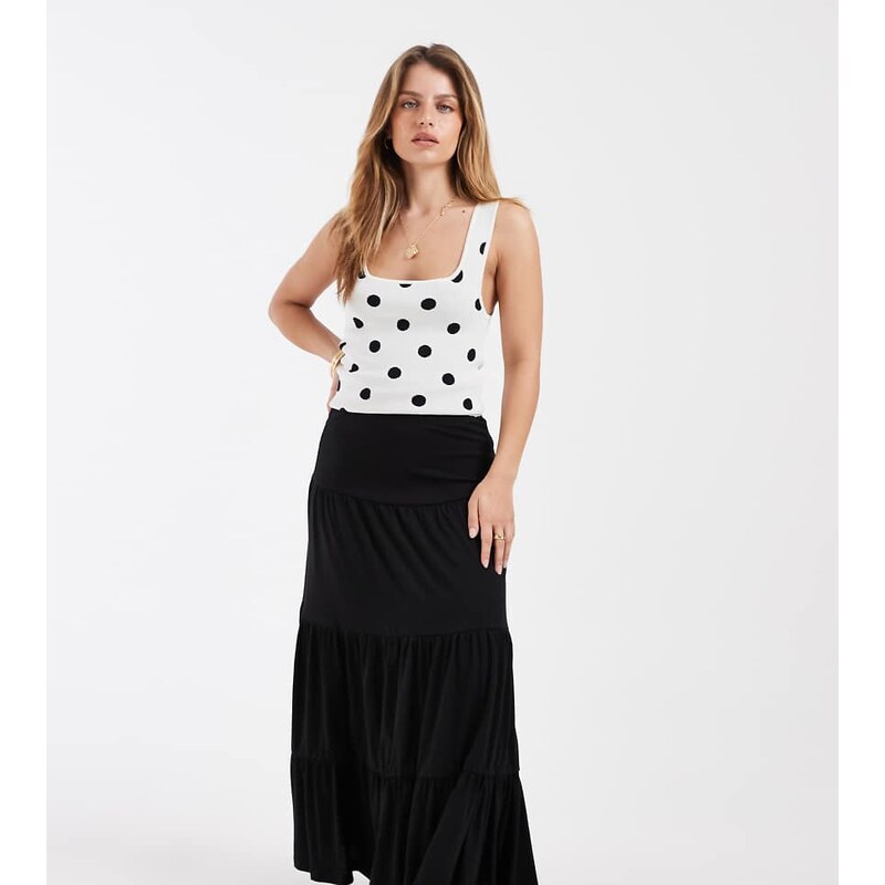 ONLY Petite tiered maxi skirt in black