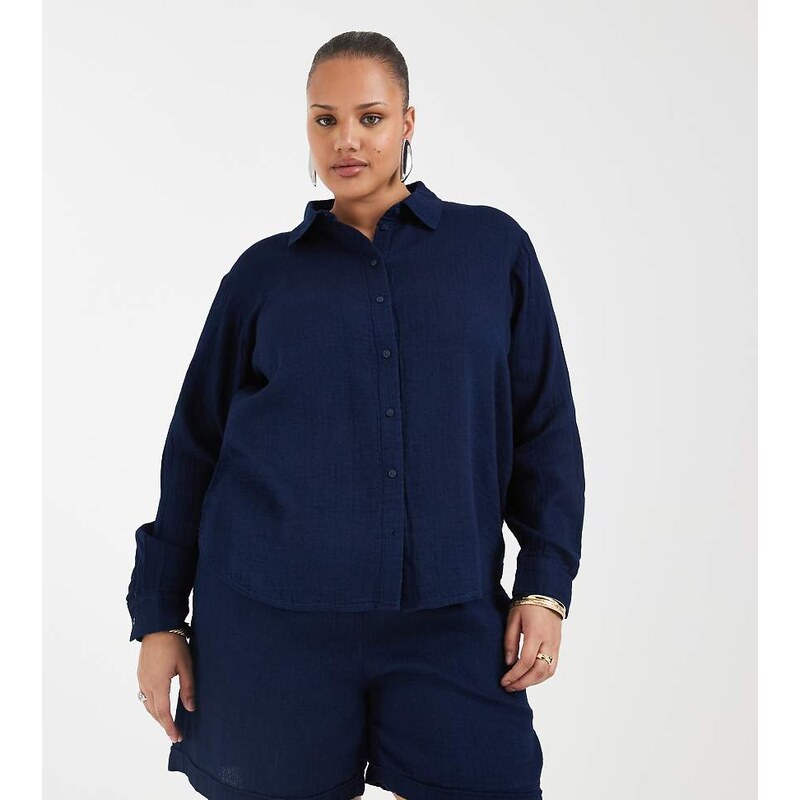 ONLY Curve seersucker shirt co-ord in dark blue