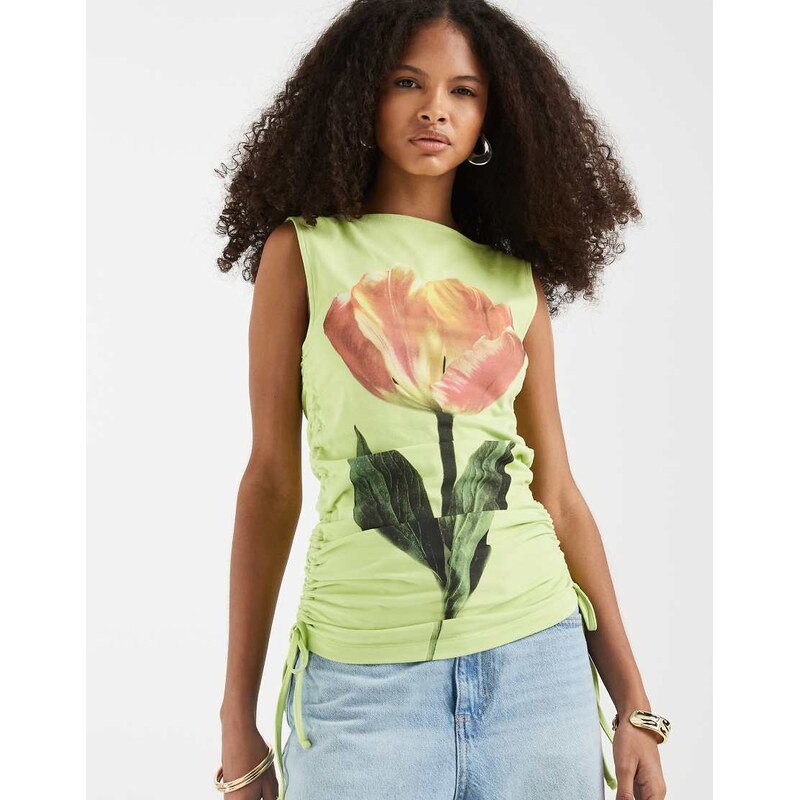 ASOS DESIGN ruched side boat neck vest with flower graphic in