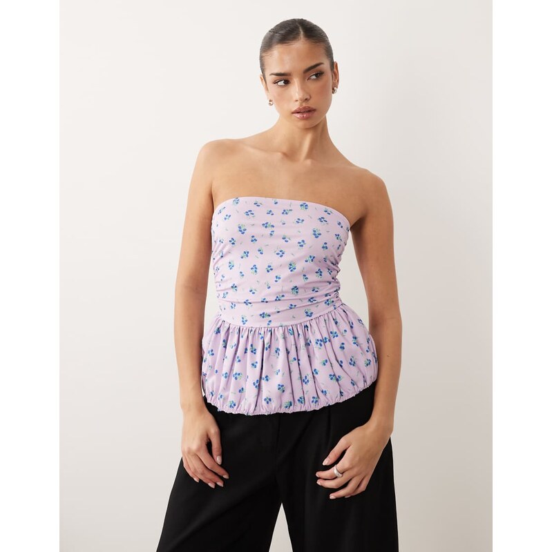ASOS DESIGN bandeau top with bubble hem in lilac floral-Multi