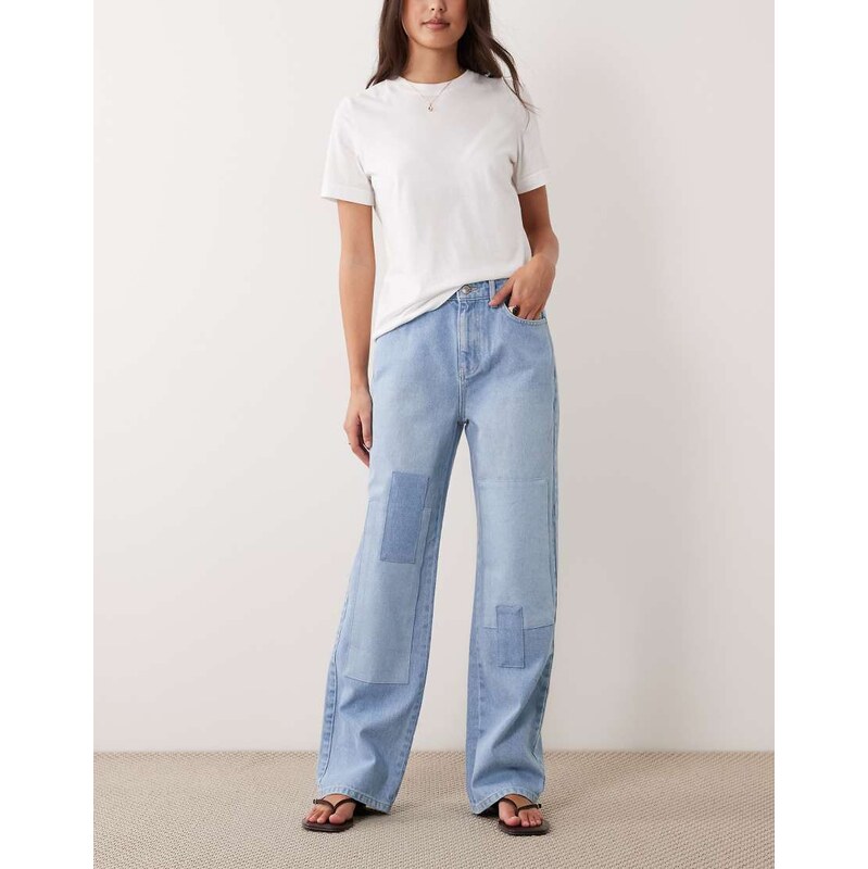ASOS DESIGN straight leg patchwork jean in bleach-Blue
