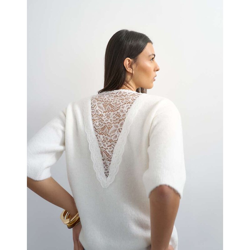 Topshop knitted short sleeve lace back detail jumper in ivory-White 114814552