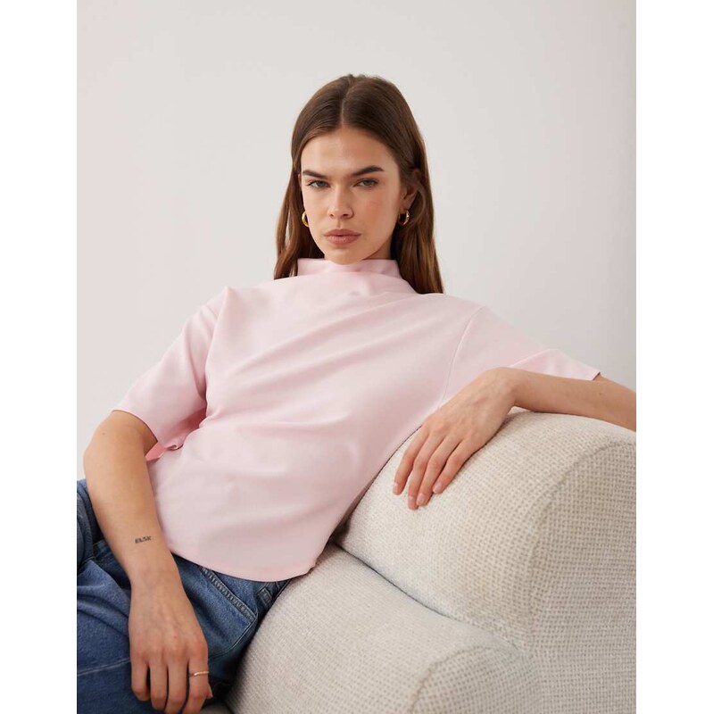 ASOS DESIGN short sleeve with high neck top in pastel pink
