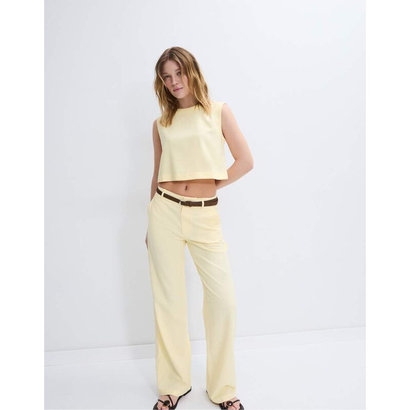 Stradivarius racerback top with linen in yellow 114814603