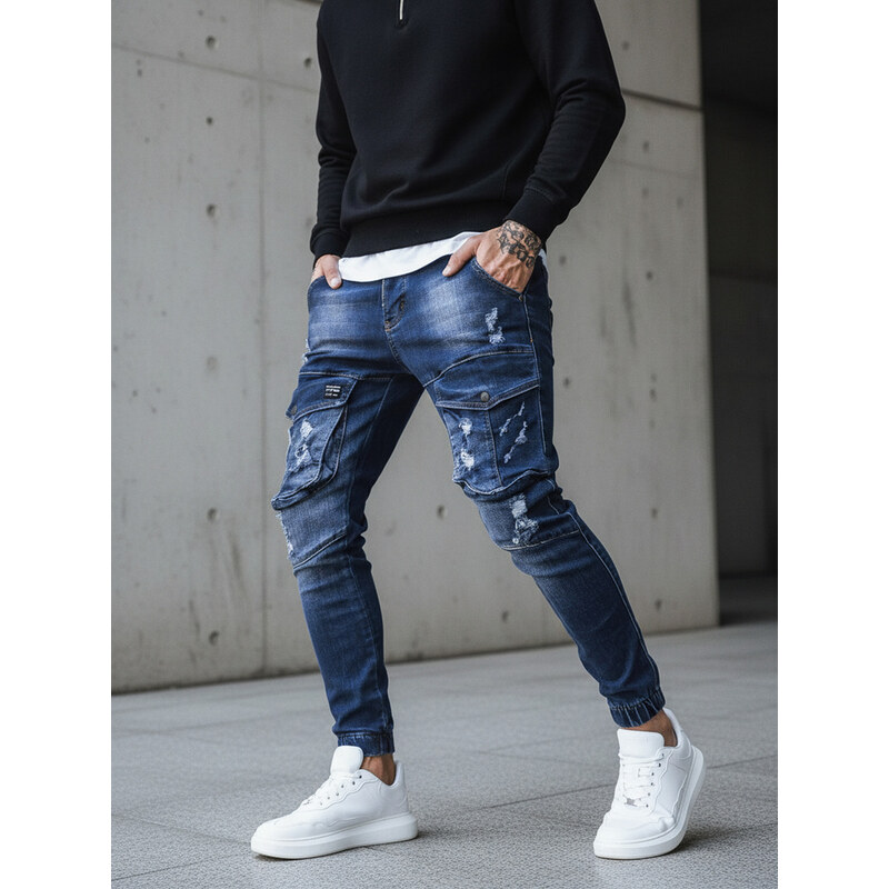 BASIC Zastřeně modré děrované džíny Denim vzor