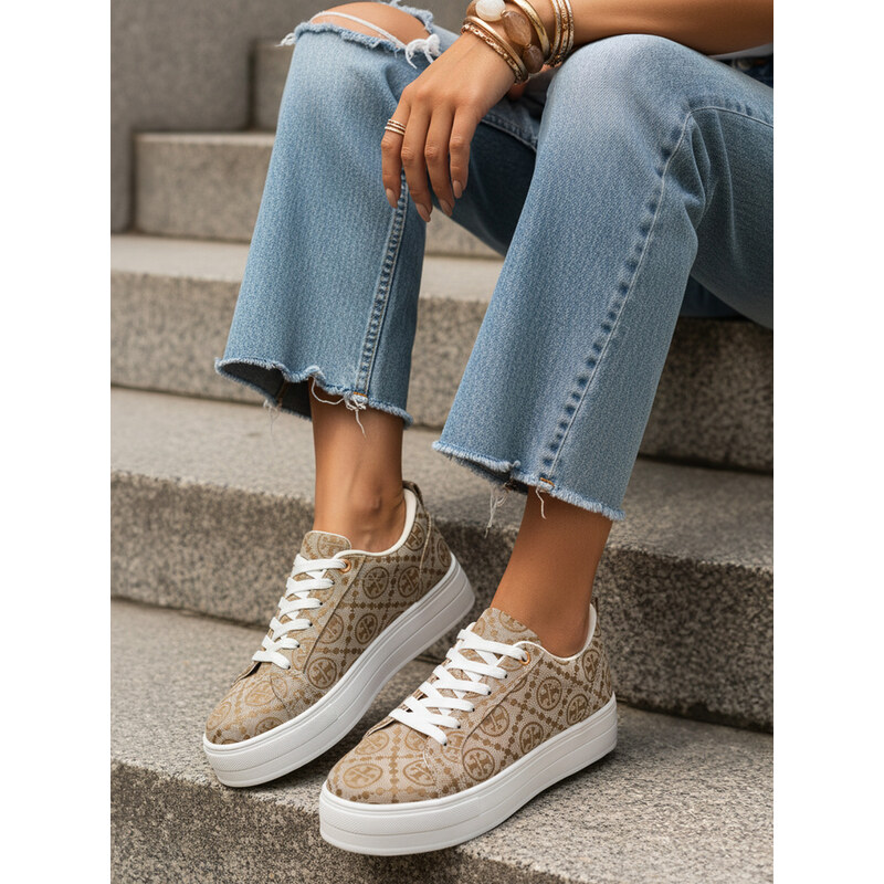 BASIC Dámské šněrovací sneakersy na silné podrážce béžové Béžová 114818998