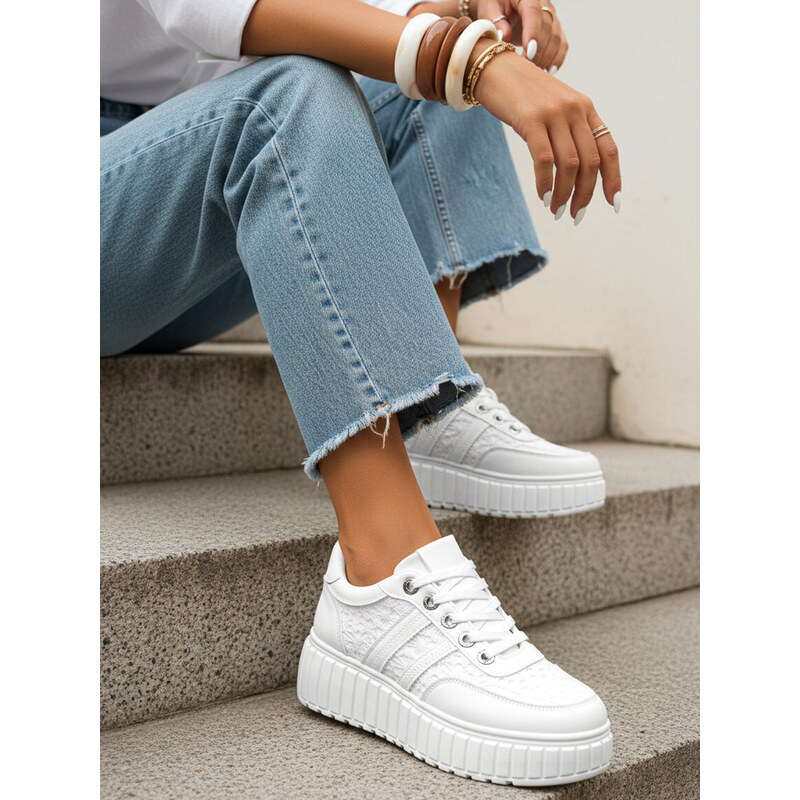 BASIC Dámské kožené sneakersy na vysoké platformě bílé