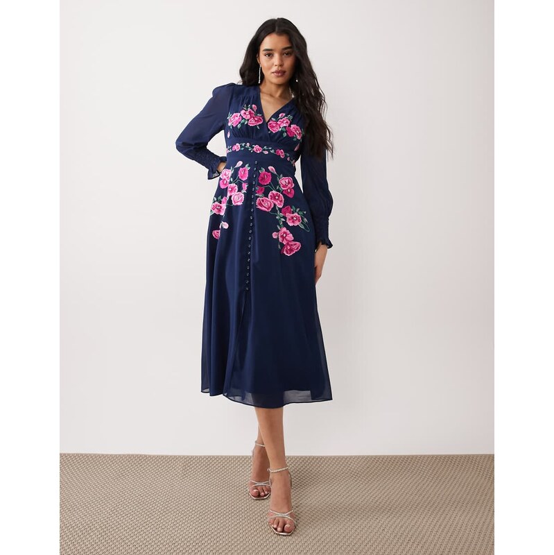 Hope & Ivy wrap bust embroidered midi dress with button front in