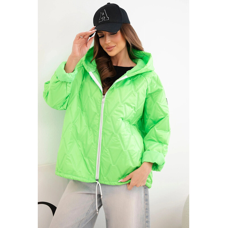 K-Fashion Dámská jarní prošívaná bunda s kapucí a zipem zelený neon 114814769