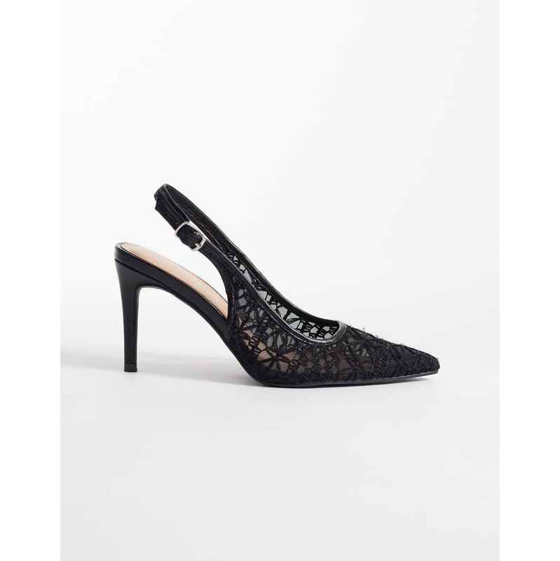New Look crochet slingback heeled shoe in black 114822094