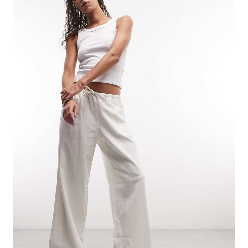 Weekday pull on linen mix wide leg trousers in white exclusive to ASOS 115052278