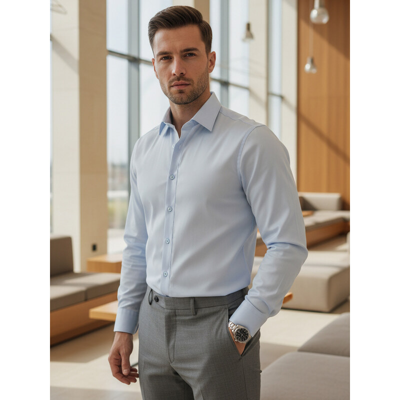 BASIC Pánská regular fit košile elegantní hladká světle modrá