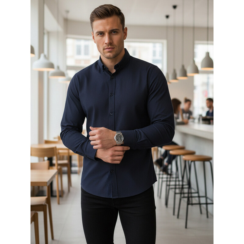 BASIC Pánská slim fit košile se vzorem tmavě modrá