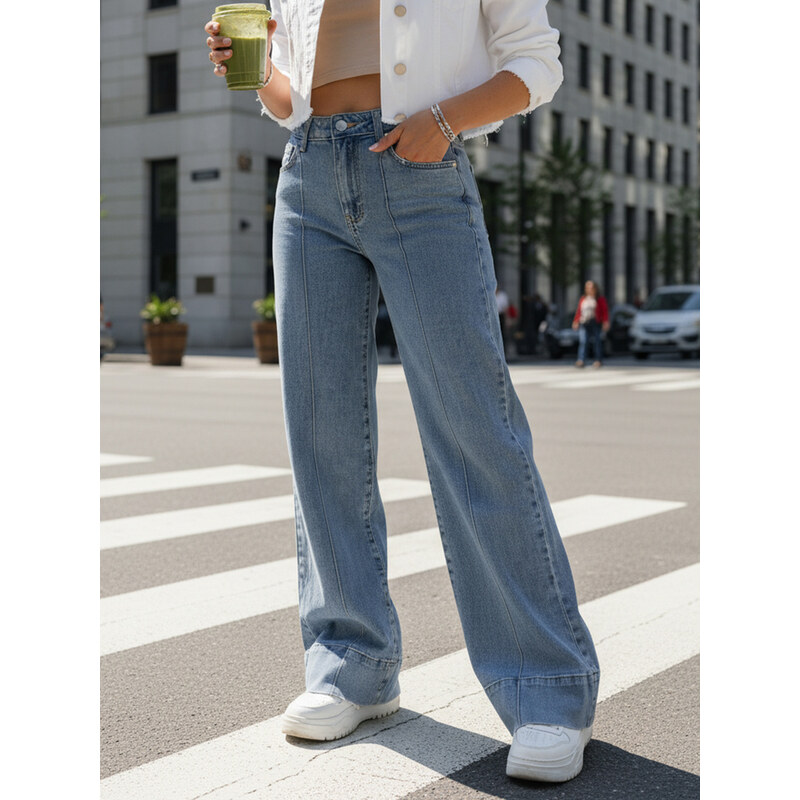 BASIC Dámské wide leg džíny s širokou nohavicí modré Modrá