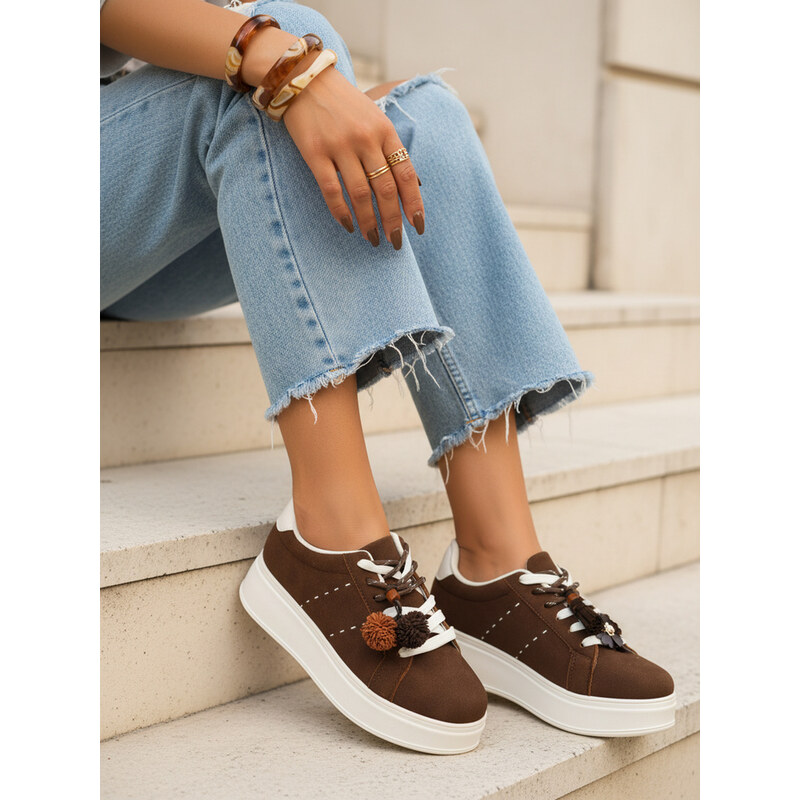 BASIC Dámské semišové sneakersy na platformě s ozdobami hnědé Hnědá 114744643