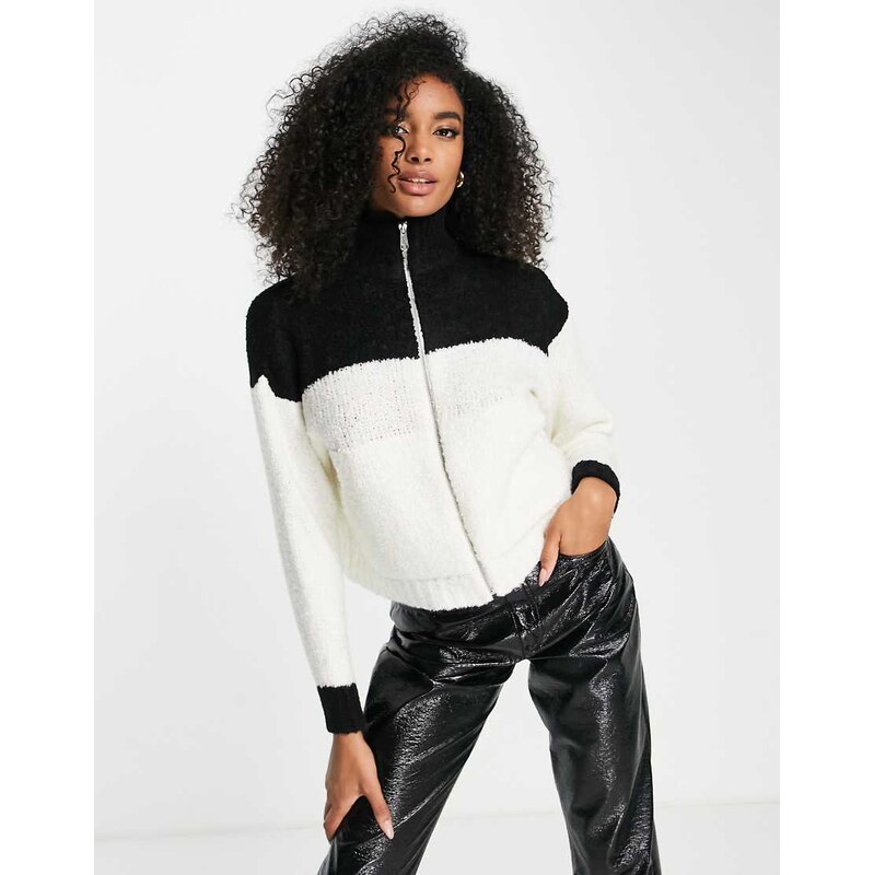 Topshop knitted zip colour block boucle jumper in monochrome