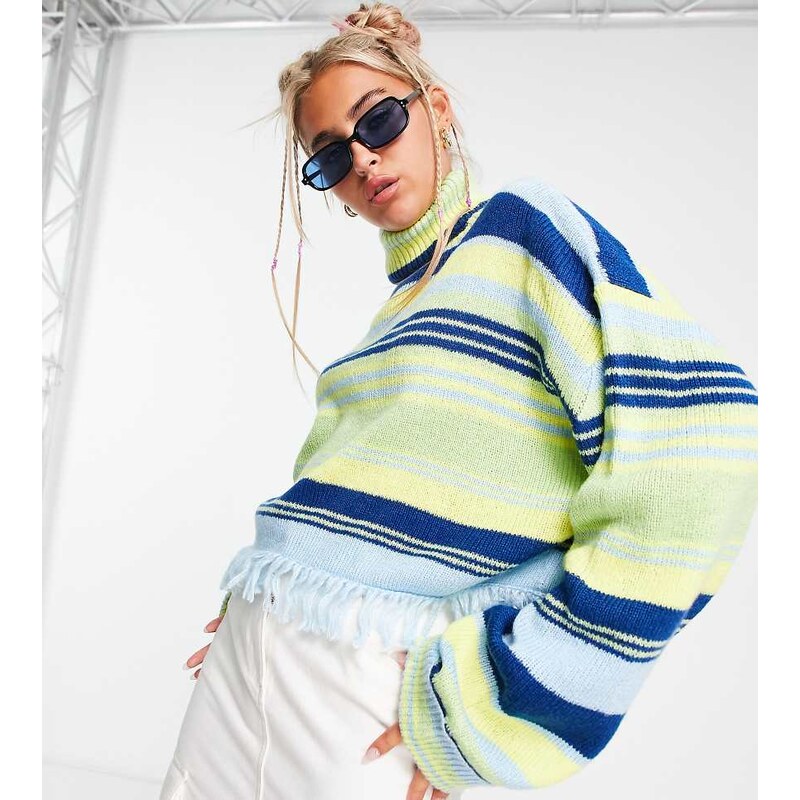 COLLUSION knitted fringed roll neck jumper in multi striped print 114821651