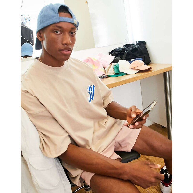 Topman extreme oversized t-shirt with letter badge in stone