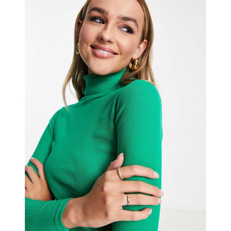 New Look ribbed roll neck top in green