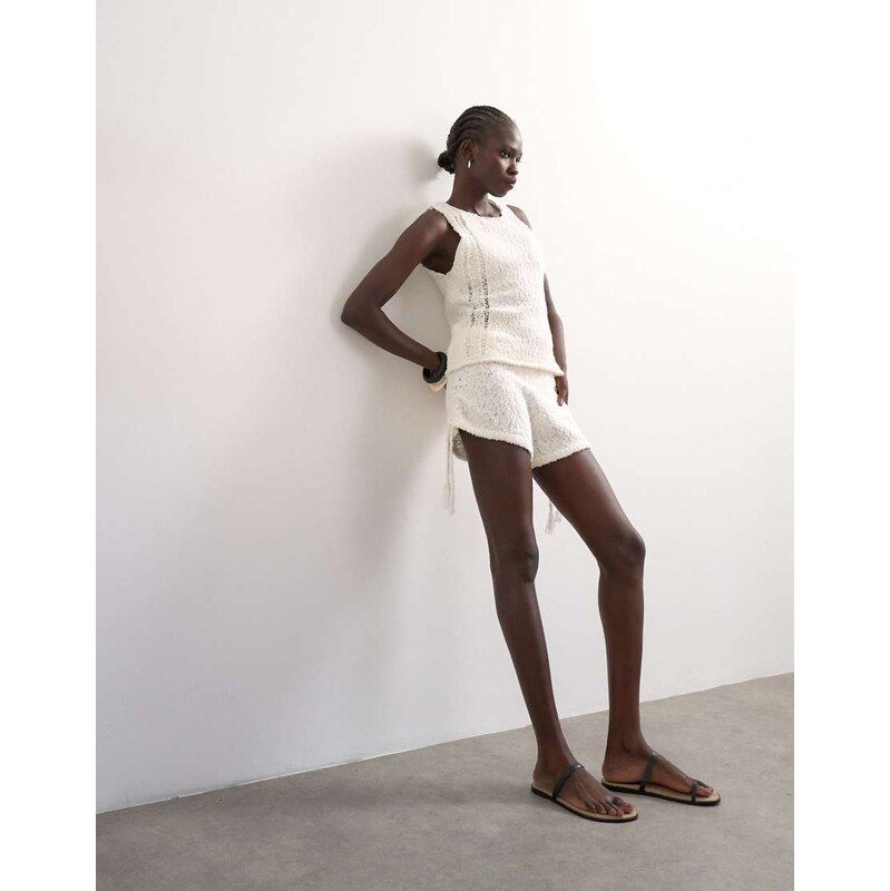 Topshop knitted side tie micro co-ord short in ivory-White