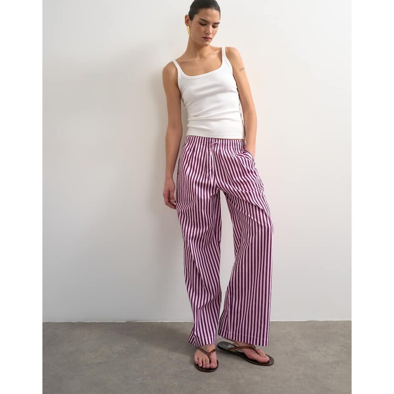 Topshop poplin stripe wide leg pull on trouser in pink stripe-No