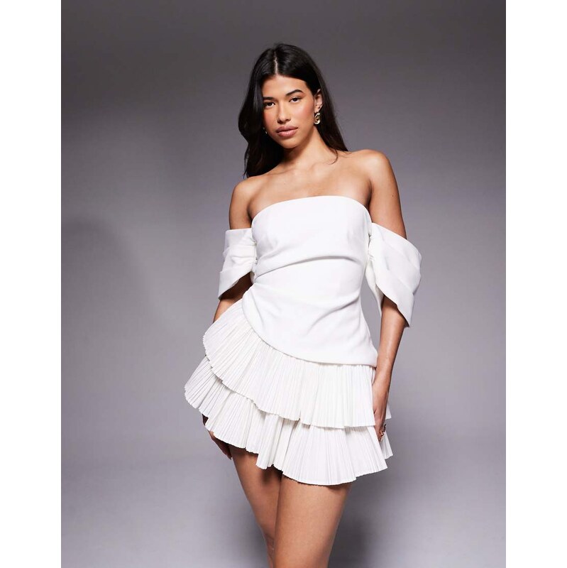 ASOS LUXE bandeau mini dress with pleated skirt in white 114822051
