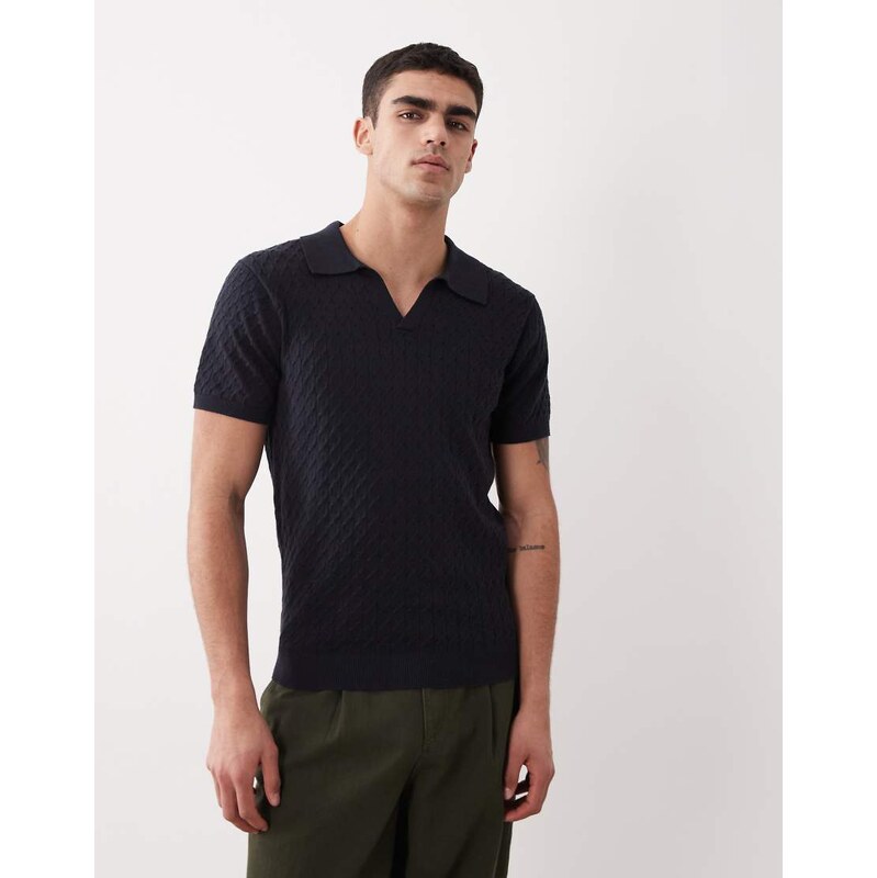 New Look cable knitted collared t-shirt in navy