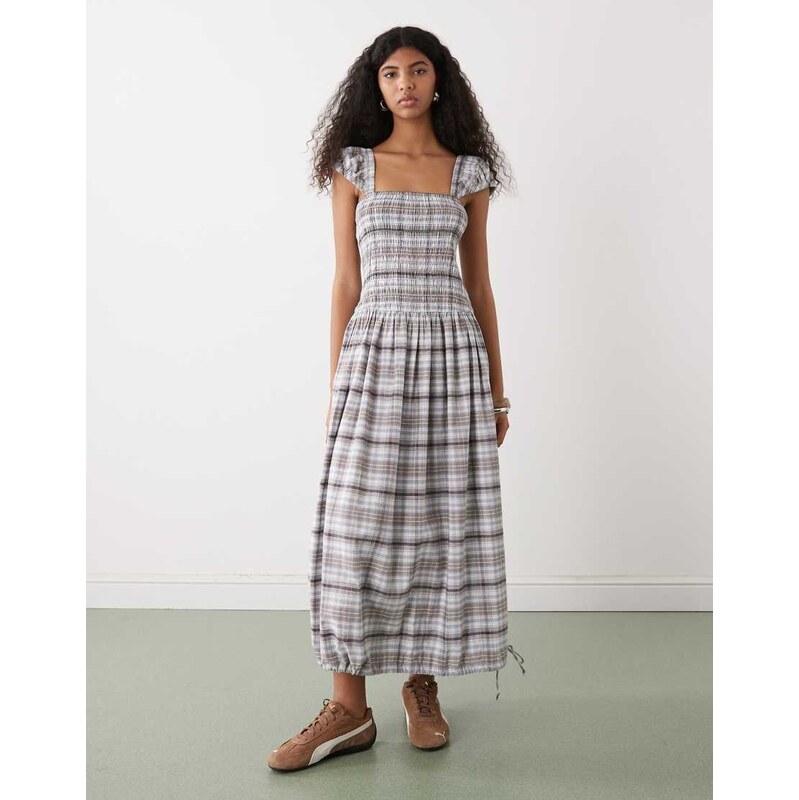 COLLUSION shirred cap sleeve midi dress in grey check 114976950